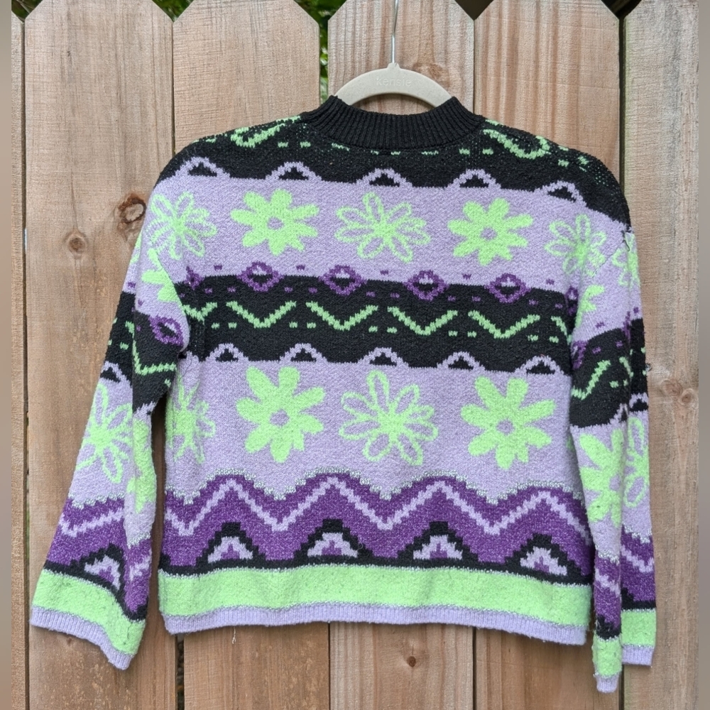 Justice Girls Kids Purple Green Black Retro Floral Fair Isle Patterned Sweater - Picture 6 of 10
